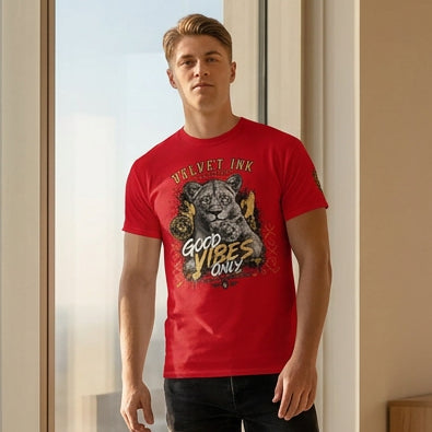 Velvet Ink Market Good Vibes Only Lion T-Shirt in red, front view featuring a lion graphic with Good Vibes Only lettering.