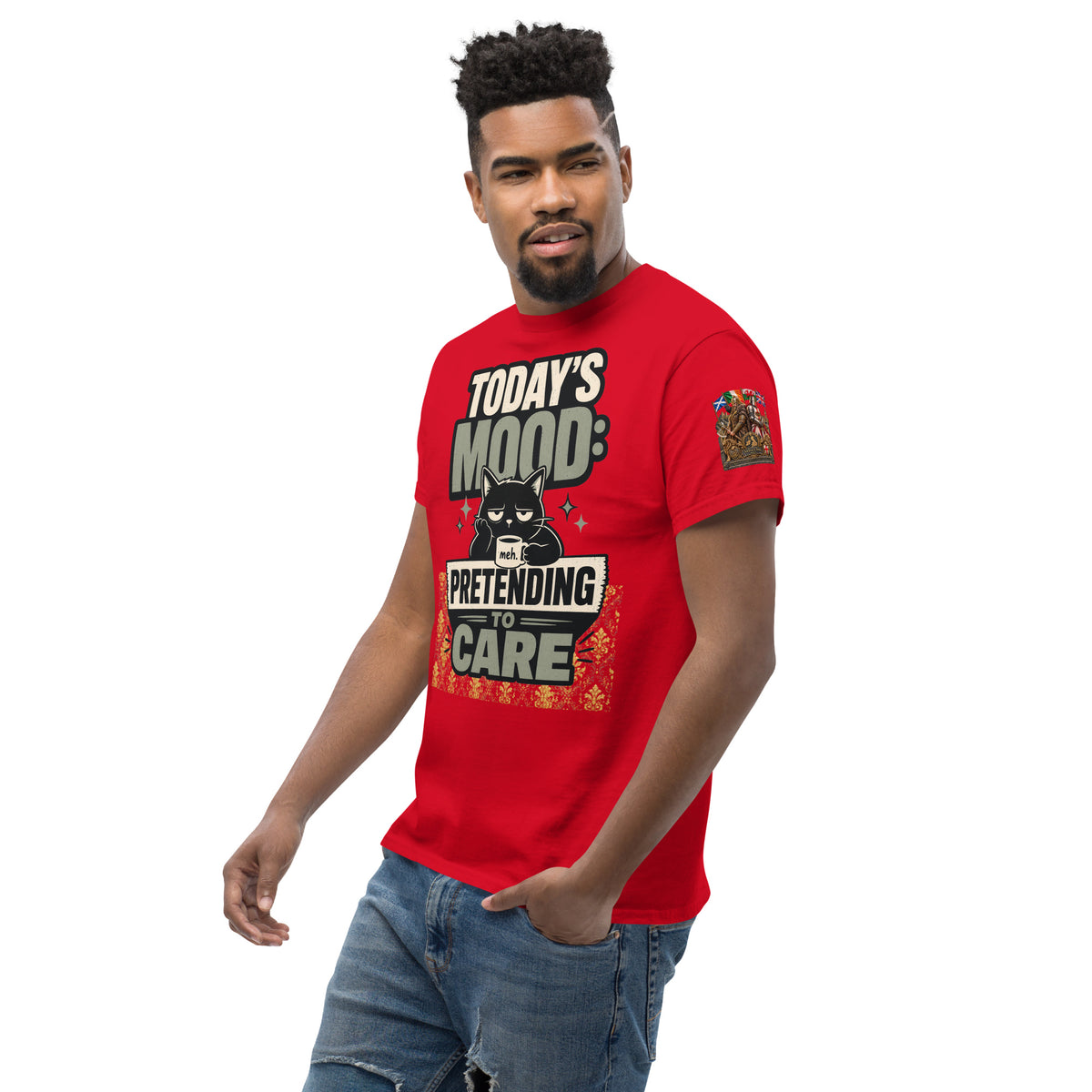 Velvet Ink Market Today's Mood Cat T-Shirt in red, left front view featuring a cat graphic with Today's Mood lettering.