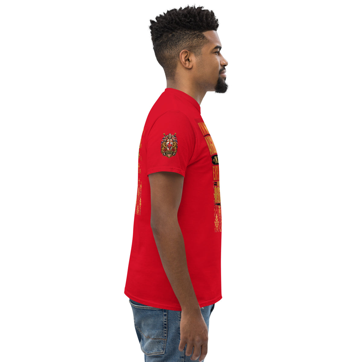 Velvet Ink Market Not Arguing Lion T-Shirt in red, right view.