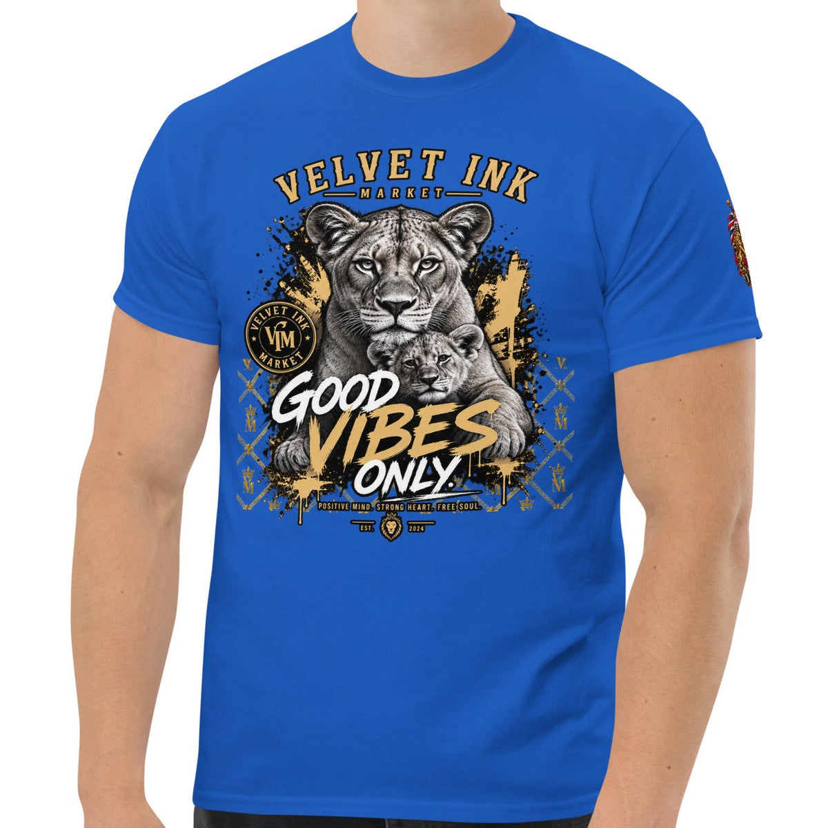 Velvet Ink Market Good Vibes Only Lion T-Shirt, front view featuring a lion graphic with Good Vibes Only lettering (additional photo 3).