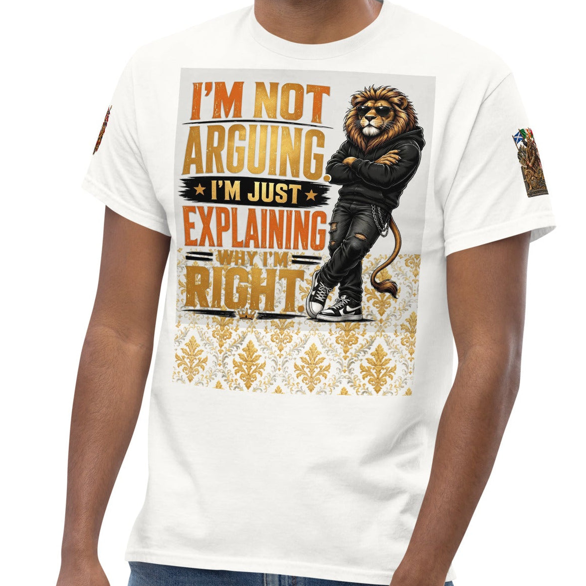 Velvet Ink Market Not Arguing Lion T-Shirt in white, front view featuring a lion graphic with Not Arguing lettering.