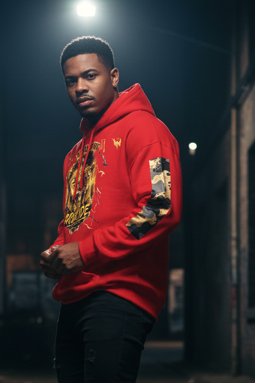 Lead the Pride Lion Hood heavyweight cotton-blend fleece hoodie with stitched crowned lion emblem in black and gold
