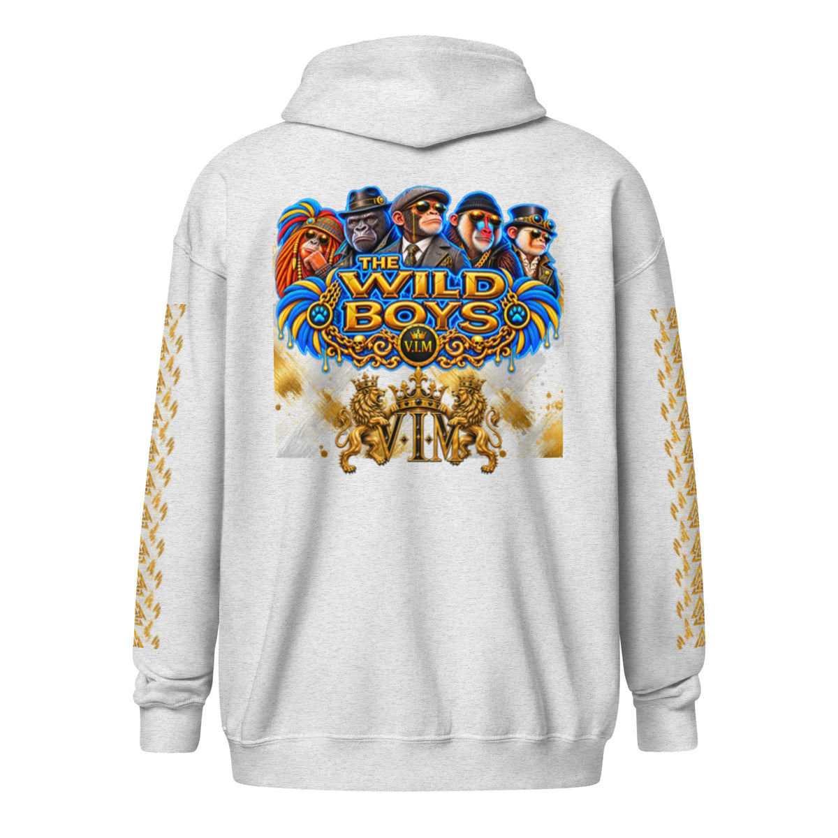 V.I.M Wild Boys Primate zip hoodie in Ash, back view with blue and gold primate artwork