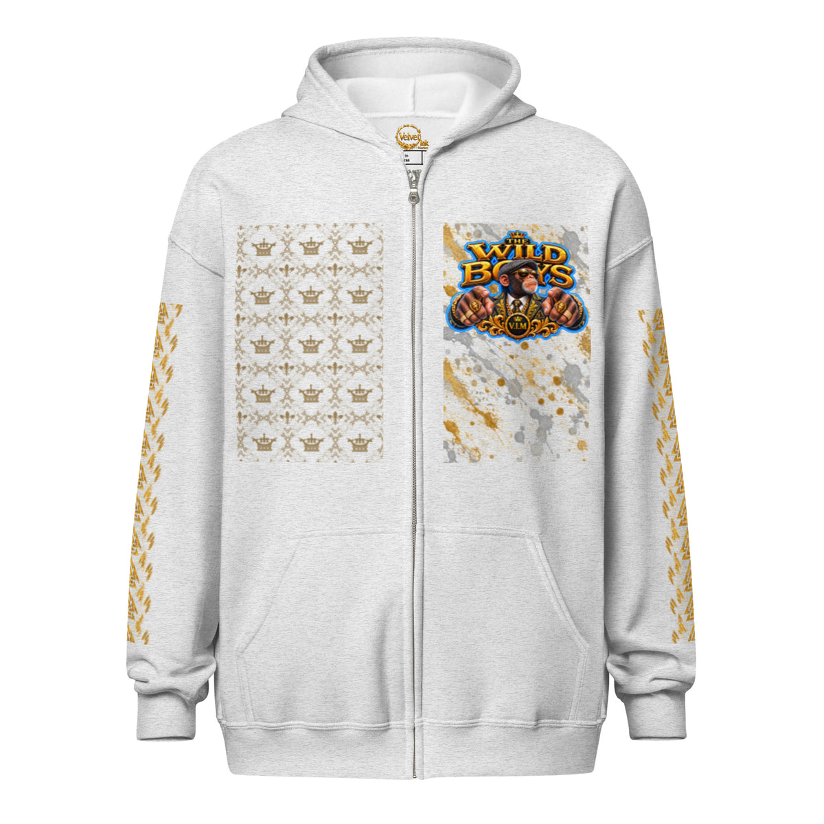 V.I.M Wild Boys Primate zip hoodie in Ash, front view with chest print
