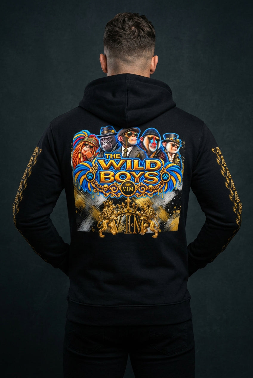 V.I.M Wild Boys Primate zip hoodie in Black, back view with blue and gold primate artwork