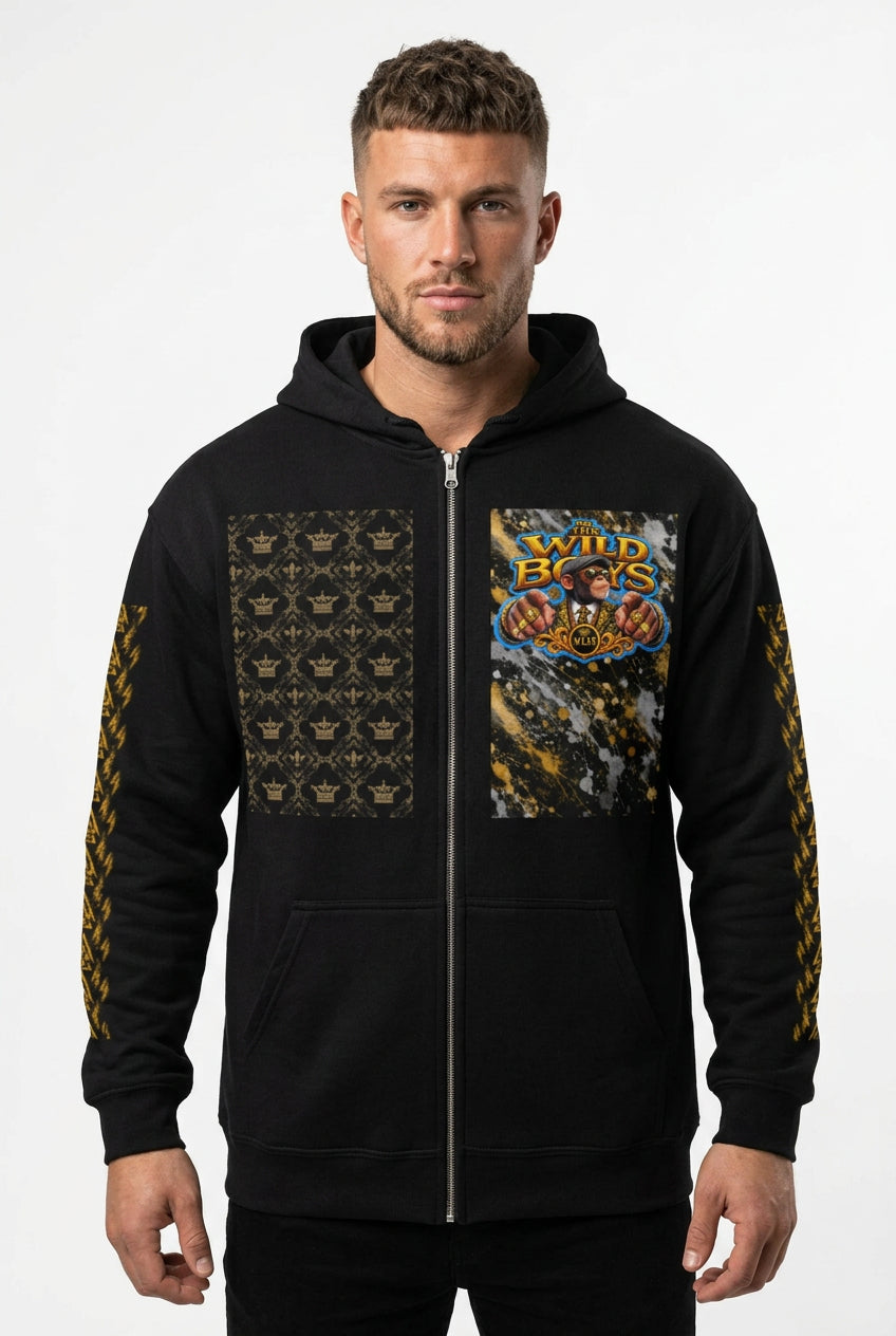 V.I.M Wild Boys Primate zip hoodie in Black, front view with chest print