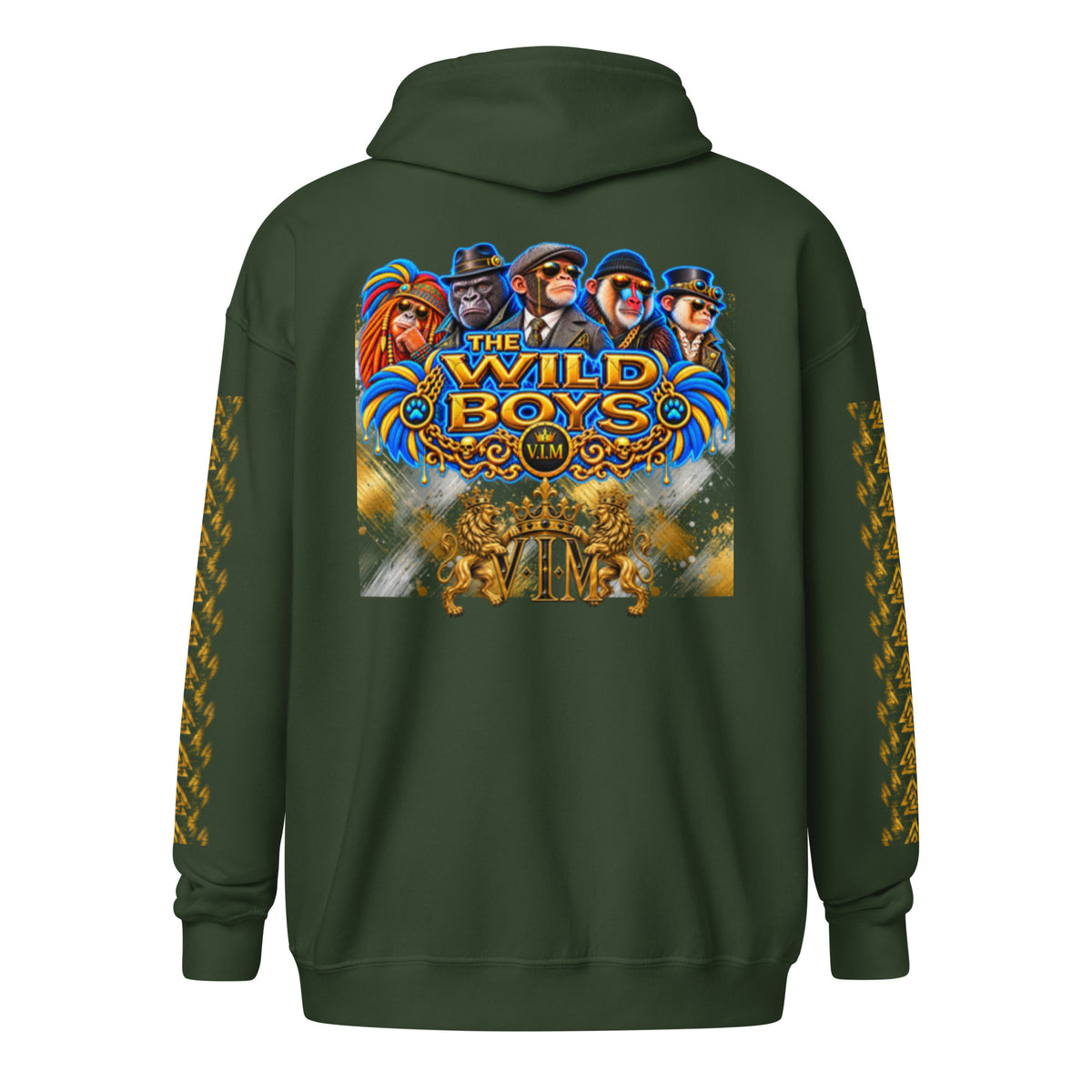 V.I.M Wild Boys Primate zip hoodie in Forest Green, back view with blue and gold primate artwork