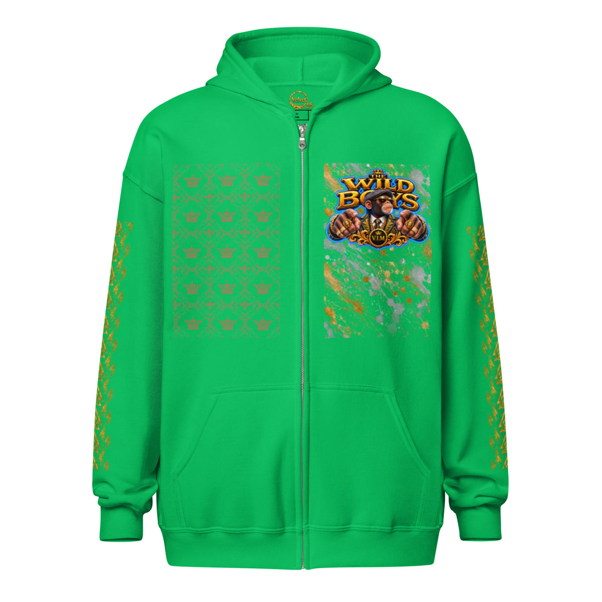 V.I.M Wild Boys Primate zip hoodie in Irish Green, front view with chest print
