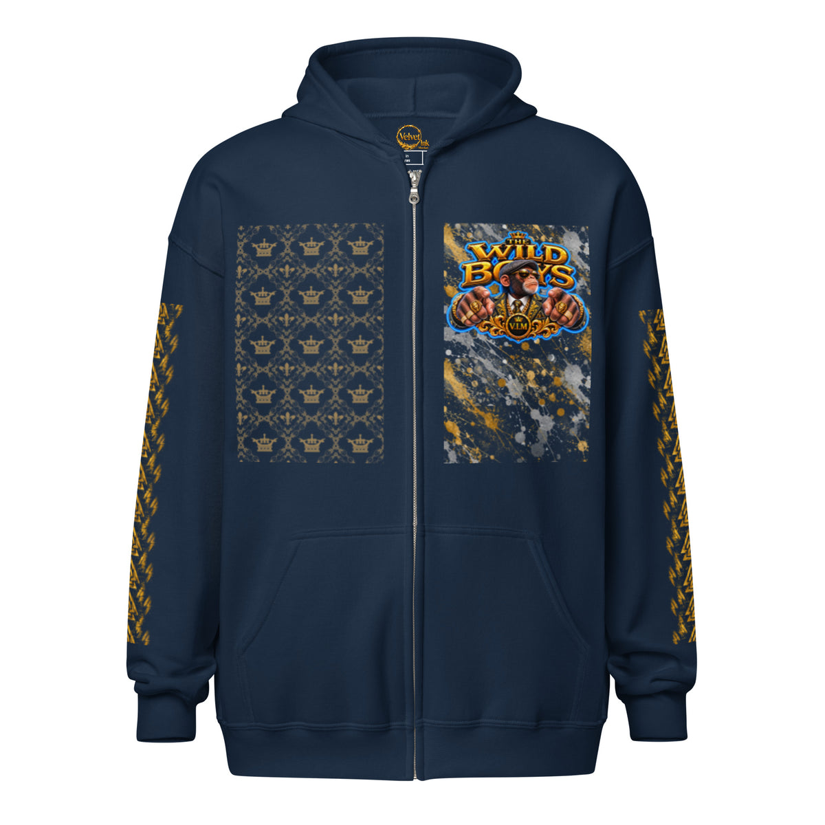 V.I.M Wild Boys Primate zip hoodie in Navy, front view with chest print