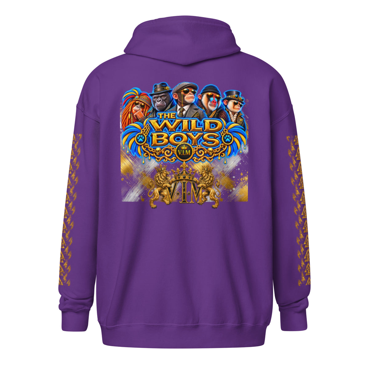 V.I.M Wild Boys Primate zip hoodie in Purple, back view with blue and gold primate artwork