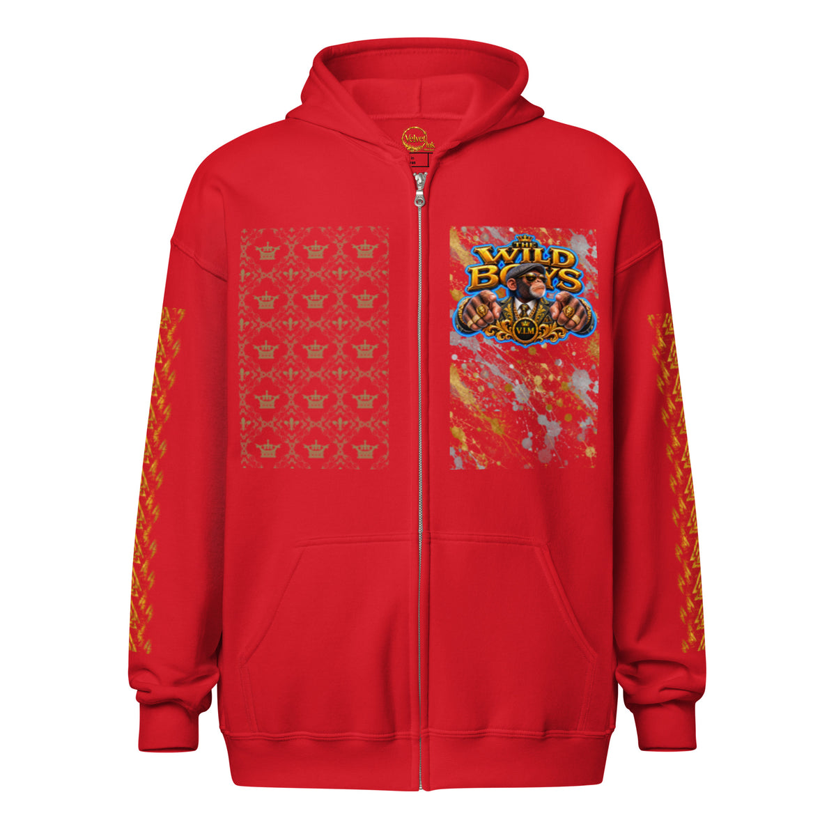 V.I.M Wild Boys Primate zip hoodie in Red, front view with chest print