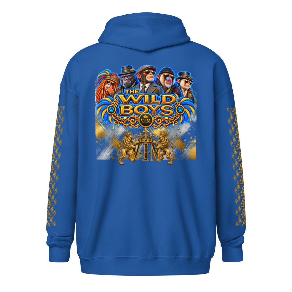 V.I.M Wild Boys Primate zip hoodie in Royal, back view with blue and gold primate artwork