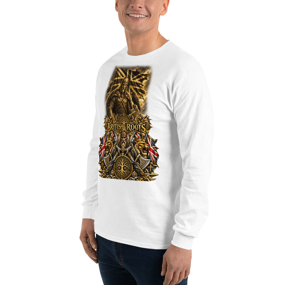 A man wearing a white long-sleeve t-shirt with a large, detailed graphic on the front. The graphic features a golden eagle, a compass, and Union Jack flags with the text 'British Roots'.
