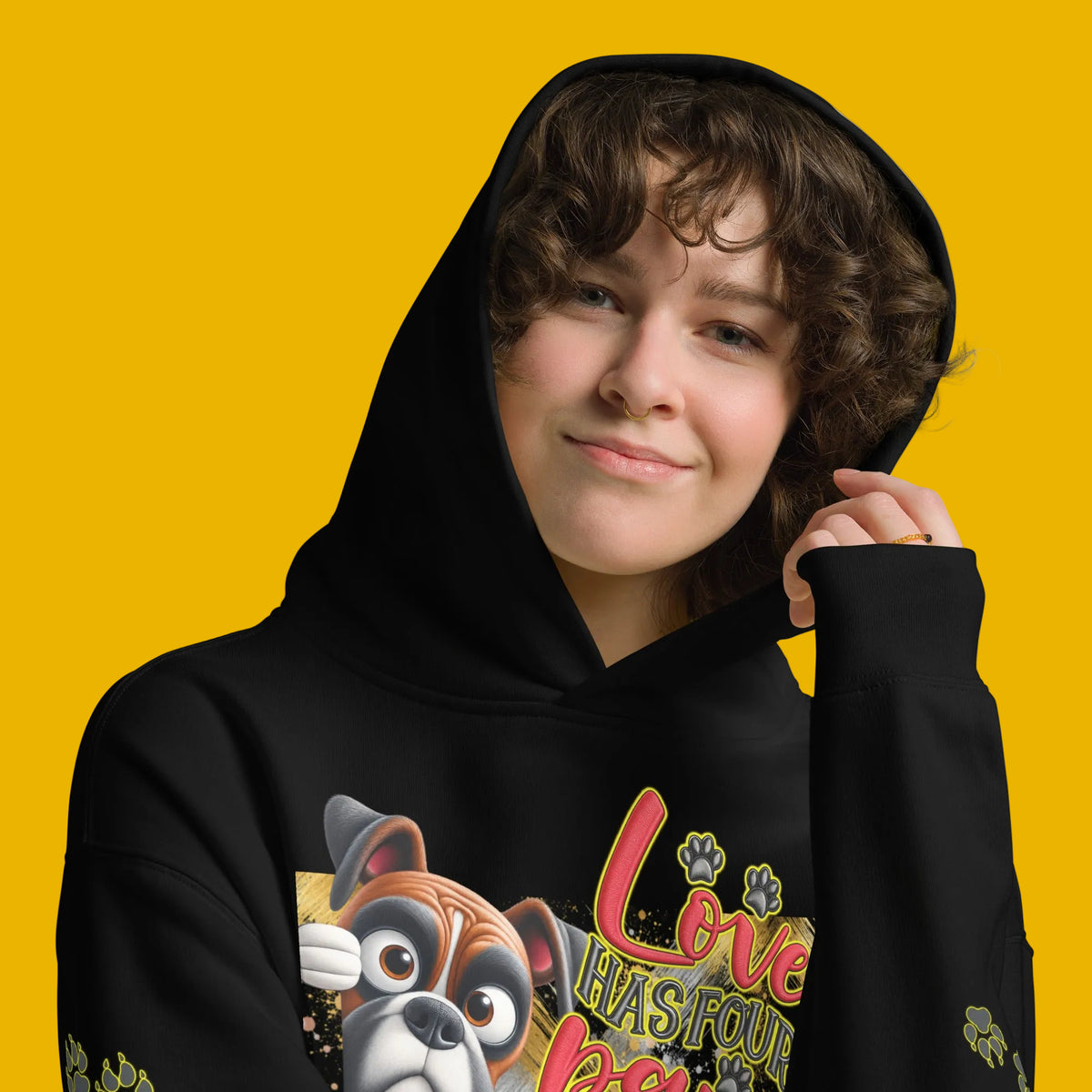 Front hoodie mockup showing V.I.M Loyal Companion dog design and sleeve accents