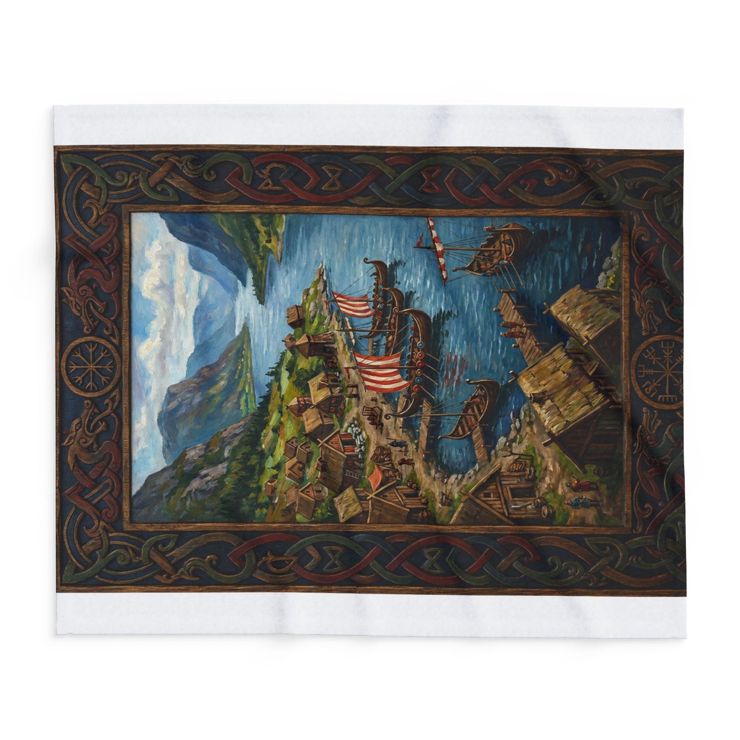 Viking Longship Village Scene Fleece Blanket - Velvet Ink Market (V.I.M)