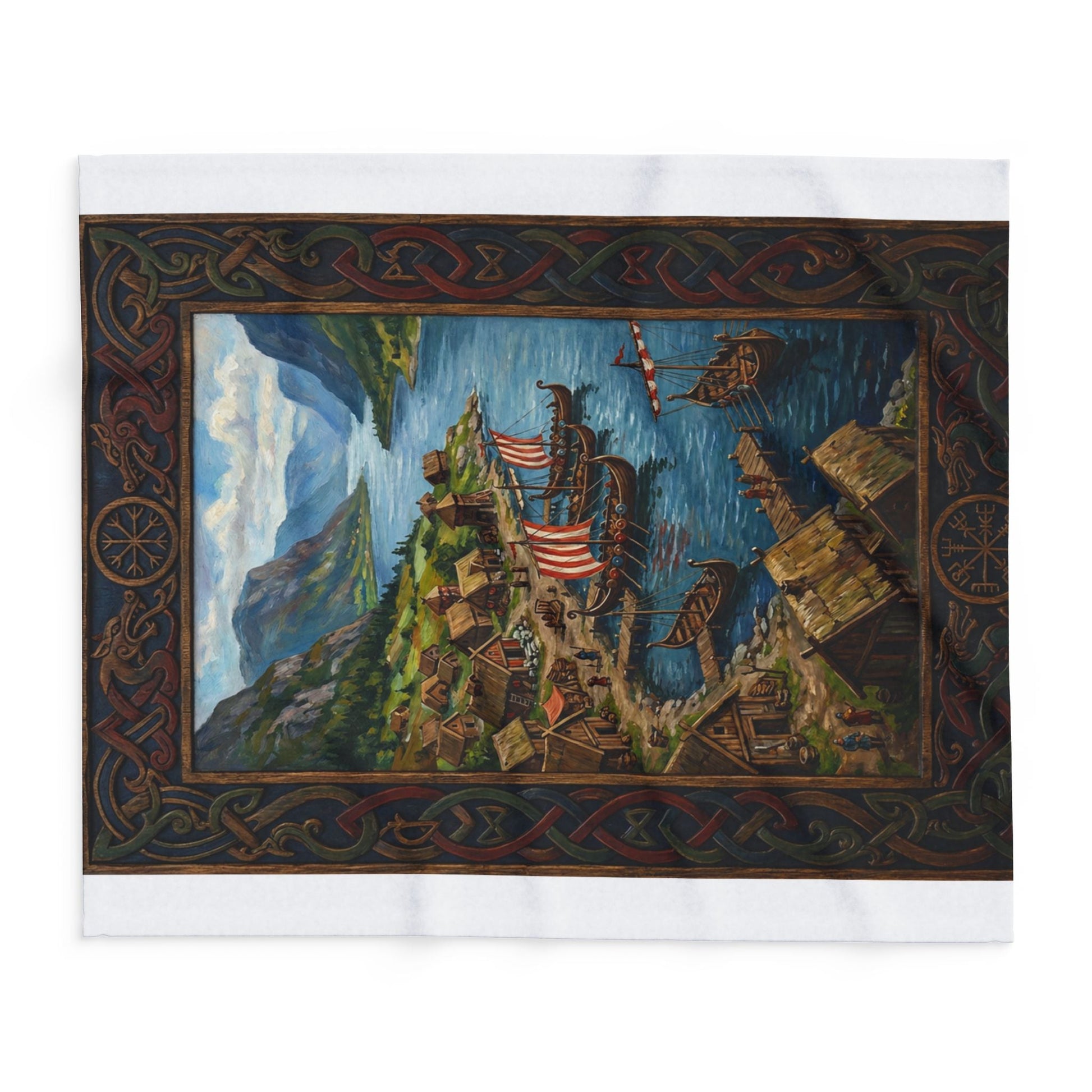 Viking Longship Village Scene Fleece Blanket - Velvet Ink Market (V.I.M)