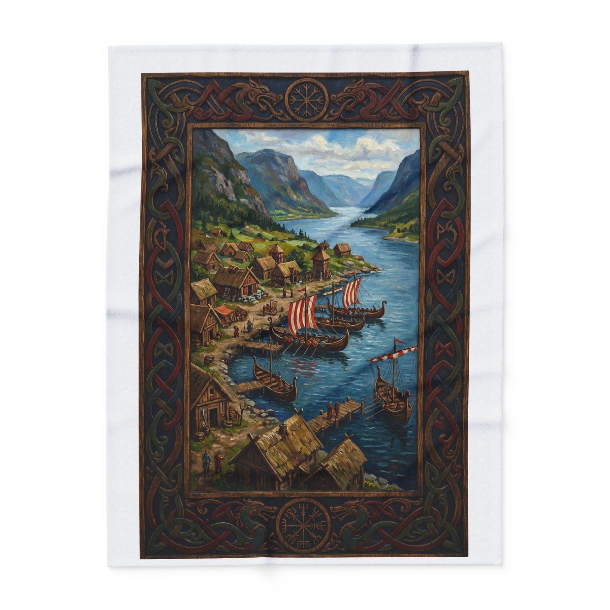 Viking Longship Village Scene Fleece Blanket - Velvet Ink Market (V.I.M)