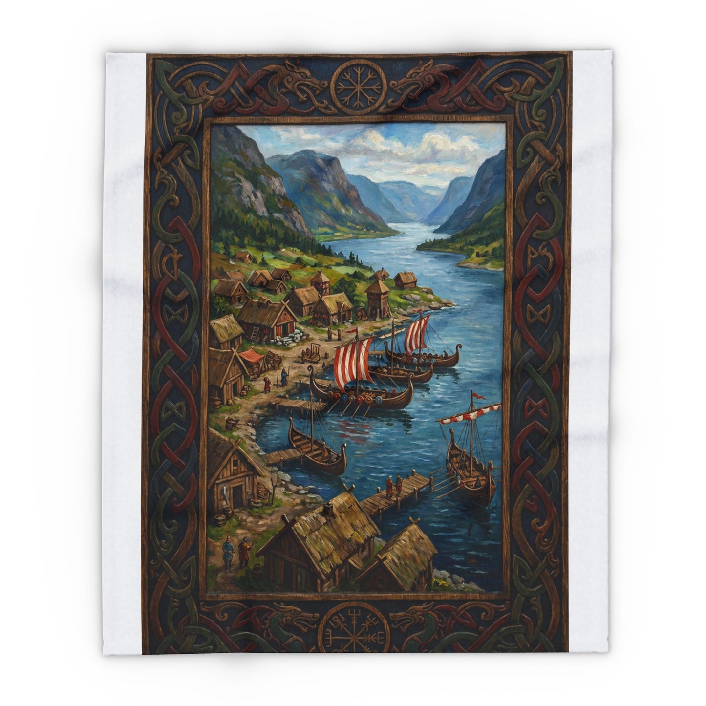 Viking Longship Village Scene Fleece Blanket - Velvet Ink Market (V.I.M)