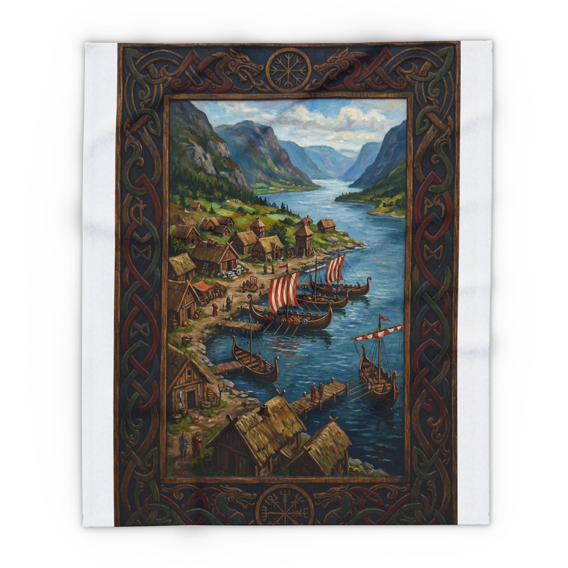 Viking Longship Village Scene Fleece Blanket - Velvet Ink Market (V.I.M)