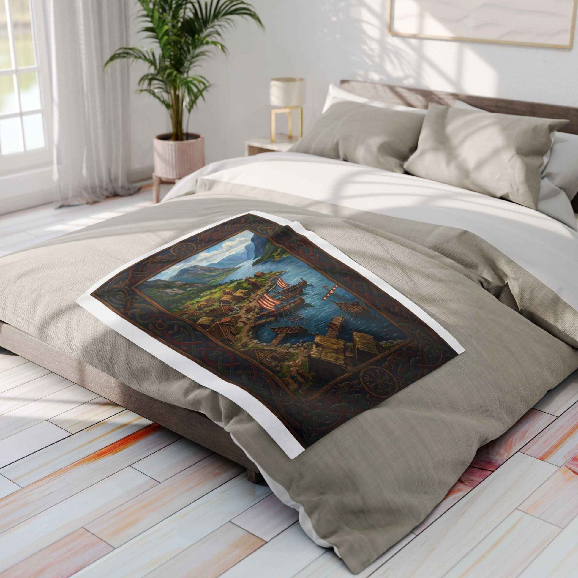 Viking Longship Village Scene Fleece Blanket - Velvet Ink Market (V.I.M)