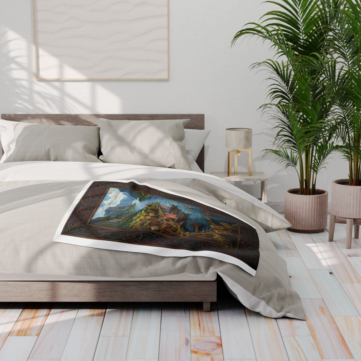 Viking Longship Village Scene Fleece Blanket - Velvet Ink Market (V.I.M)