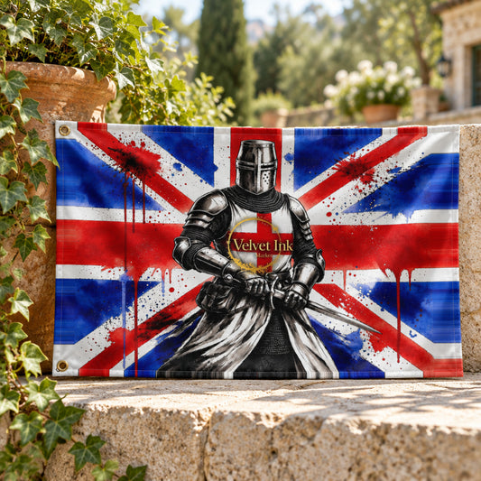 Velvet Ink Market Union Sovereign Union Jack Knight Wall Flag, product image featuring an armoured knight with the Union Jack.