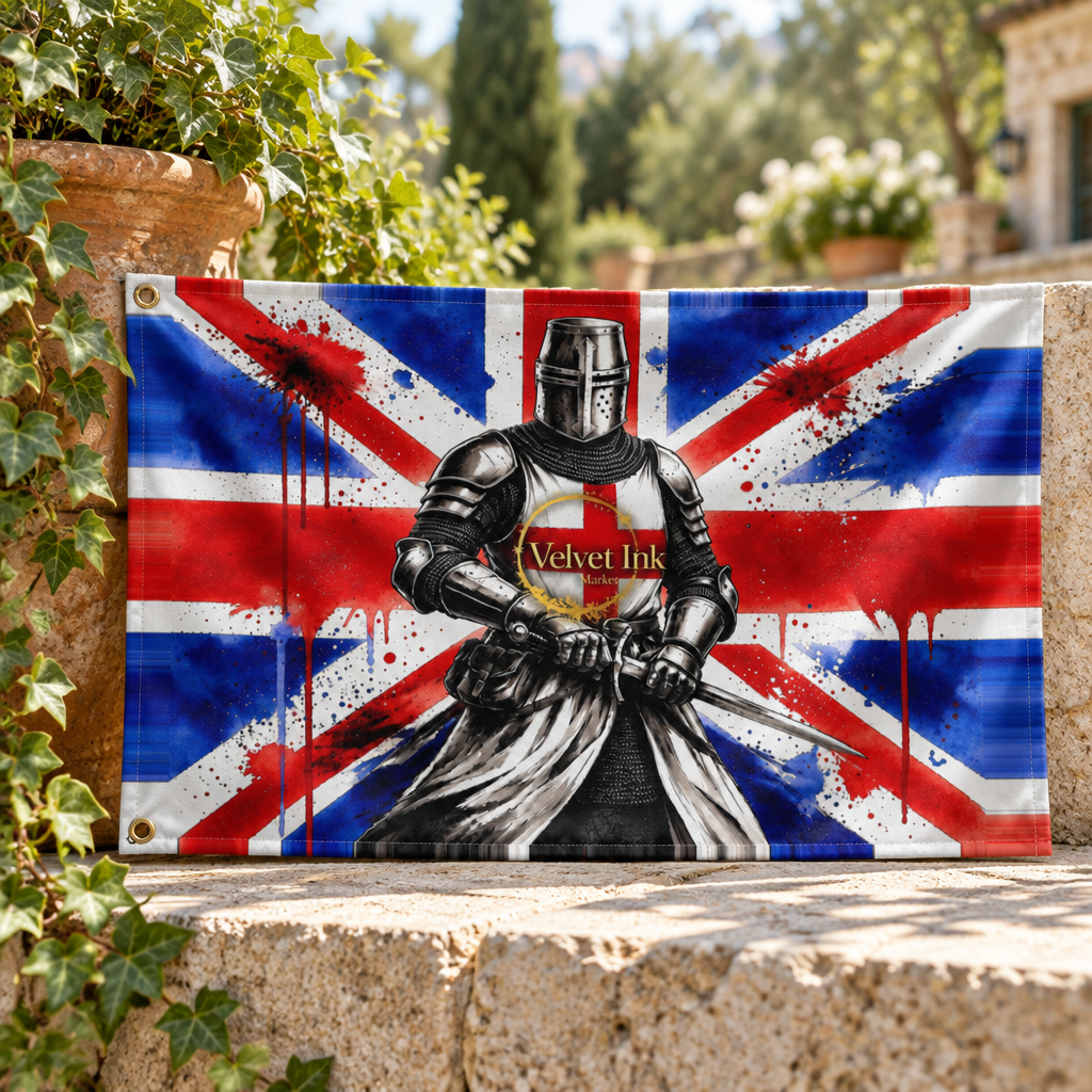 Union Jack flag with a silver-armoured Templar-inspired knight and gold Velvet Ink Market emblem, displayed on stone steps.