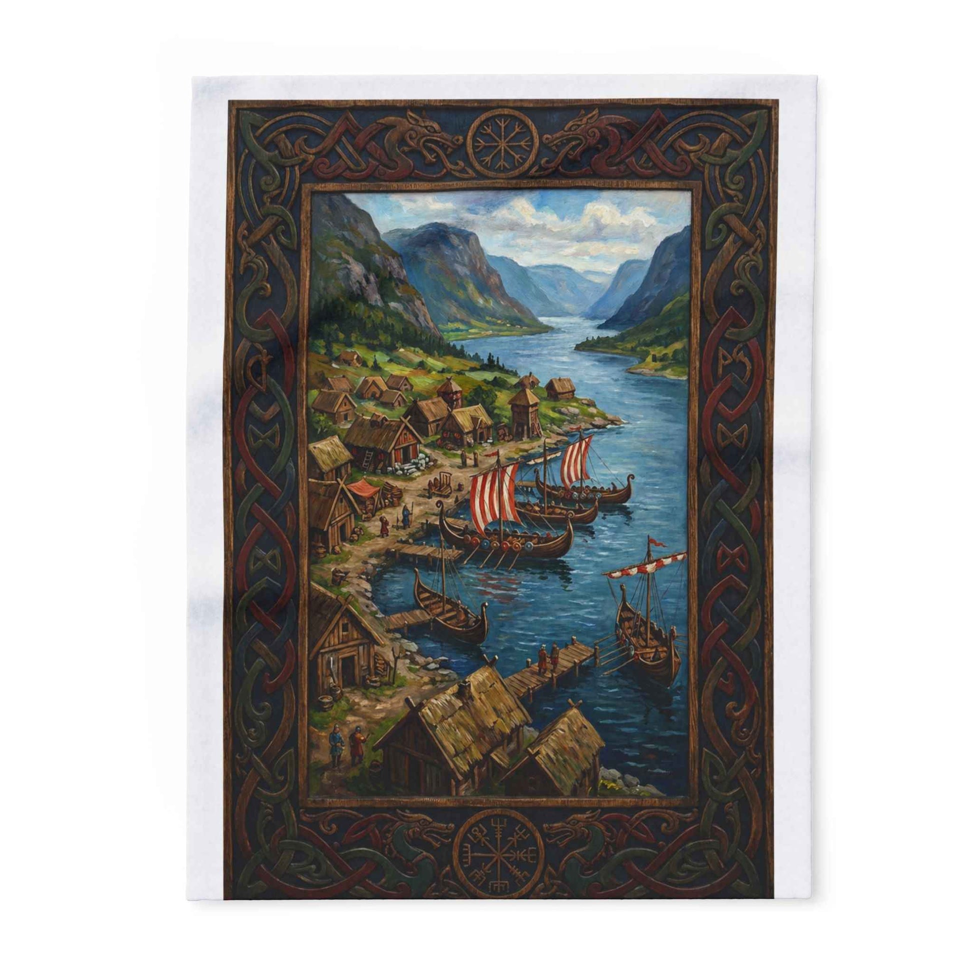 Viking Longship Village Scene Fleece Blanket - Velvet Ink Market (V.I.M)
