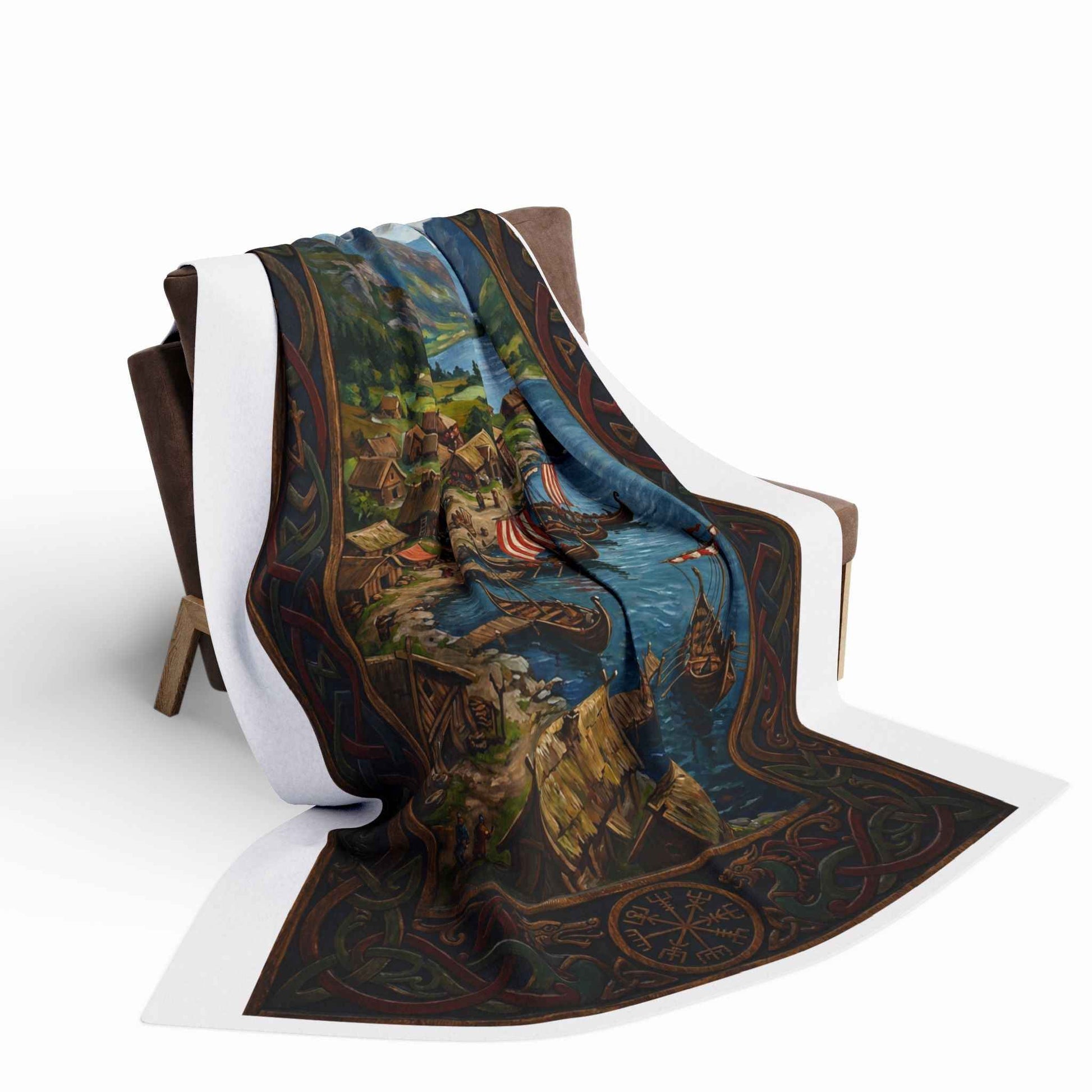 Viking Longship Village Scene Fleece Blanket - Velvet Ink Market (V.I.M)