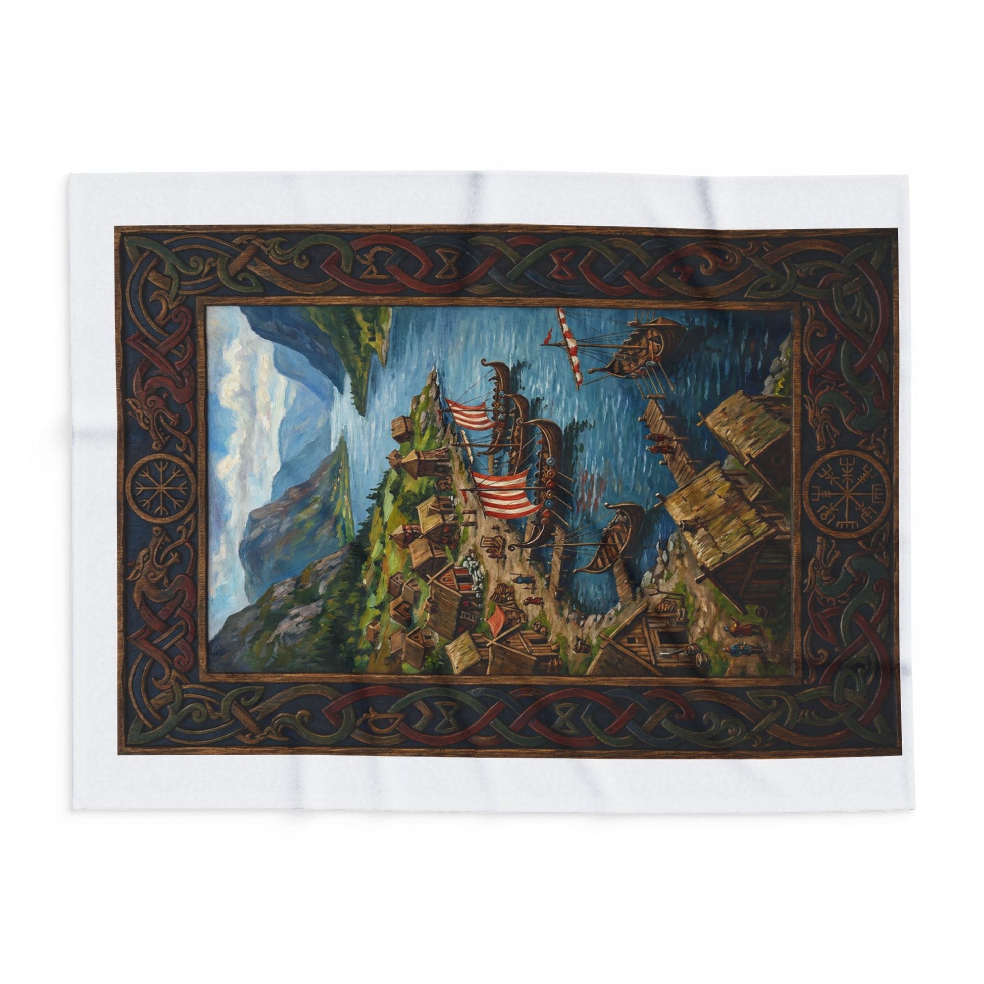 Viking Longship Village Scene Fleece Blanket - Velvet Ink Market (V.I.M)