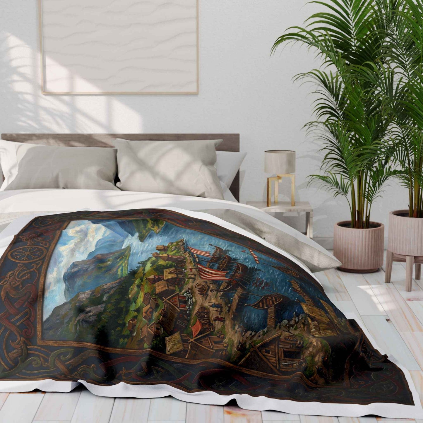 Viking Longship Village Scene Fleece Blanket - Velvet Ink Market (V.I.M)