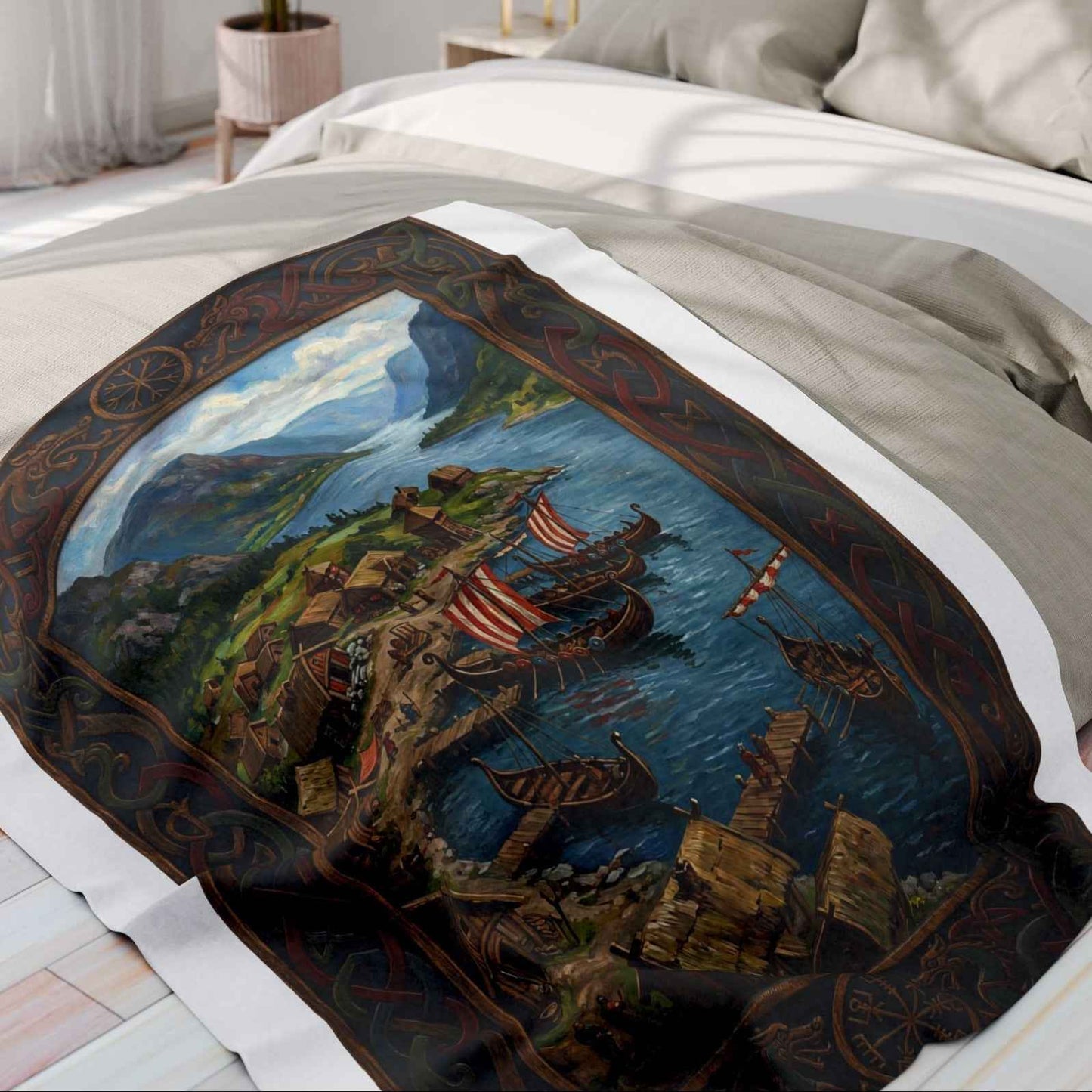 Viking Longship Village Scene Fleece Blanket - Velvet Ink Market (V.I.M)