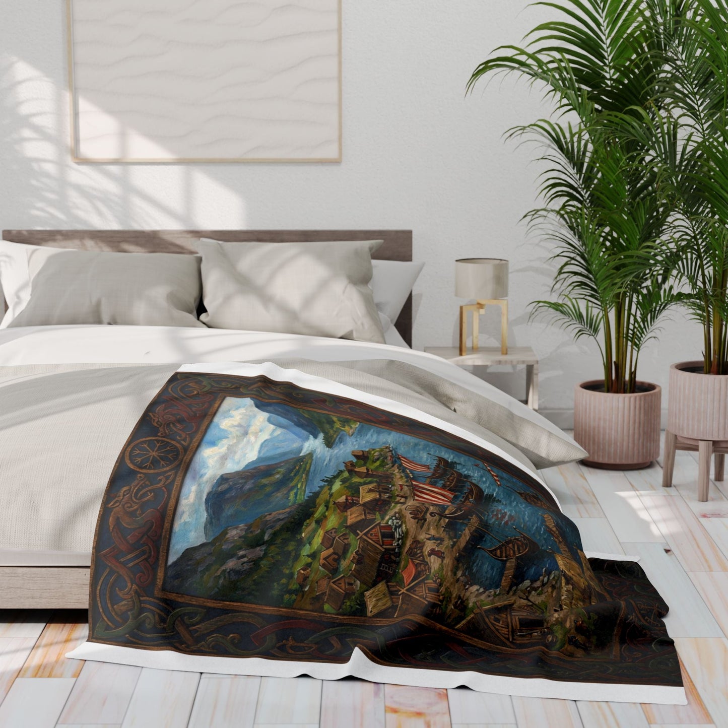Viking Longship Village Scene Fleece Blanket - Velvet Ink Market (V.I.M)