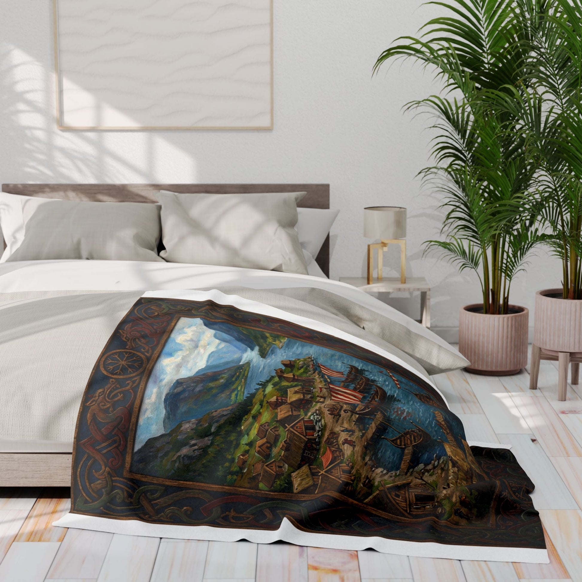Viking Longship Village Scene Fleece Blanket - Velvet Ink Market (V.I.M)