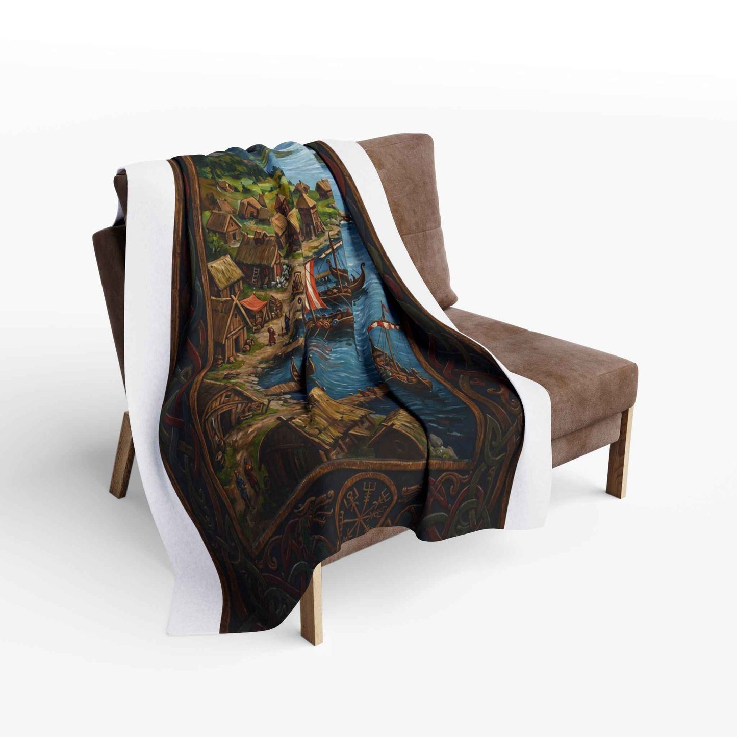 Viking Longship Village Scene Fleece Blanket - Velvet Ink Market (V.I.M)