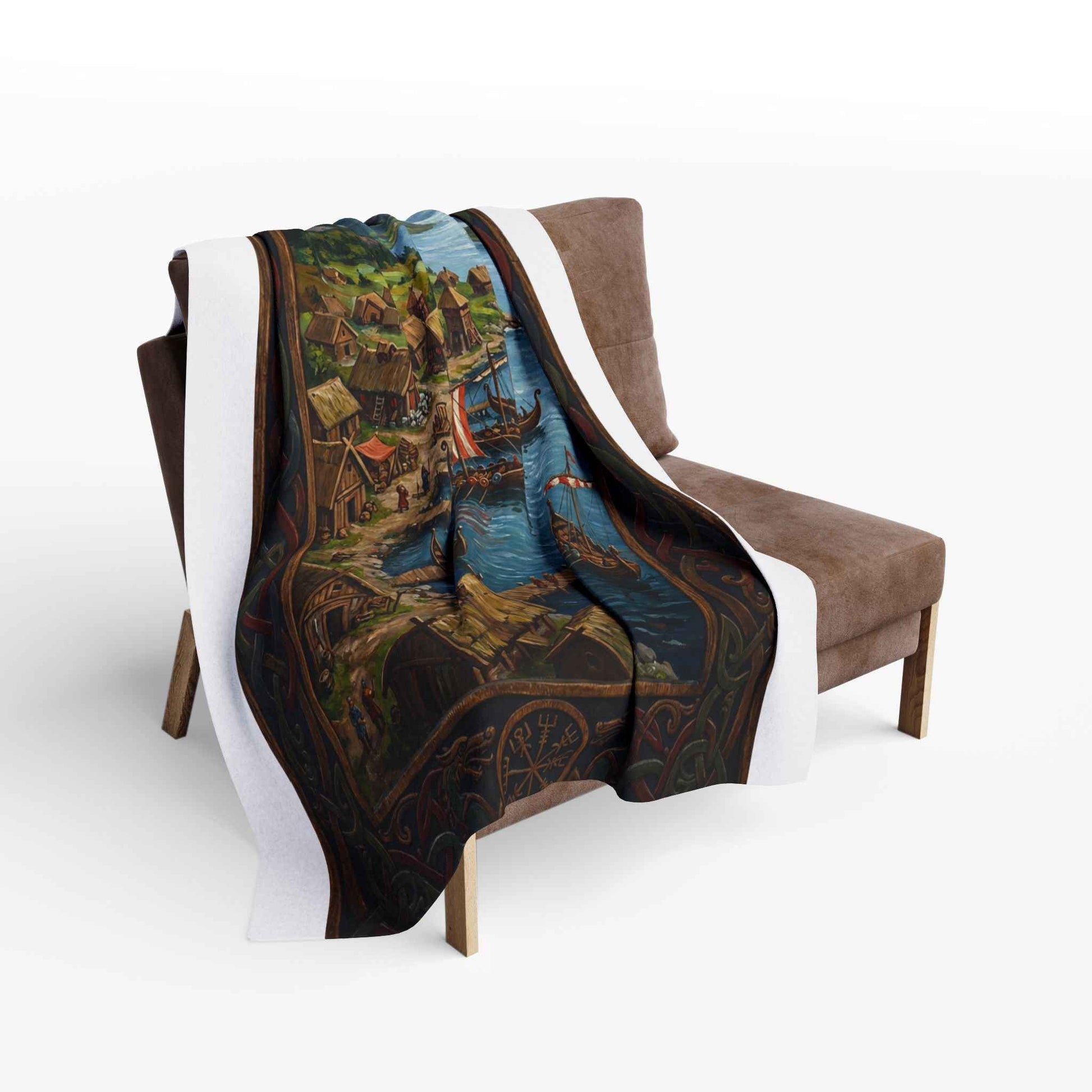Viking Longship Village Scene Fleece Blanket - Velvet Ink Market (V.I.M)