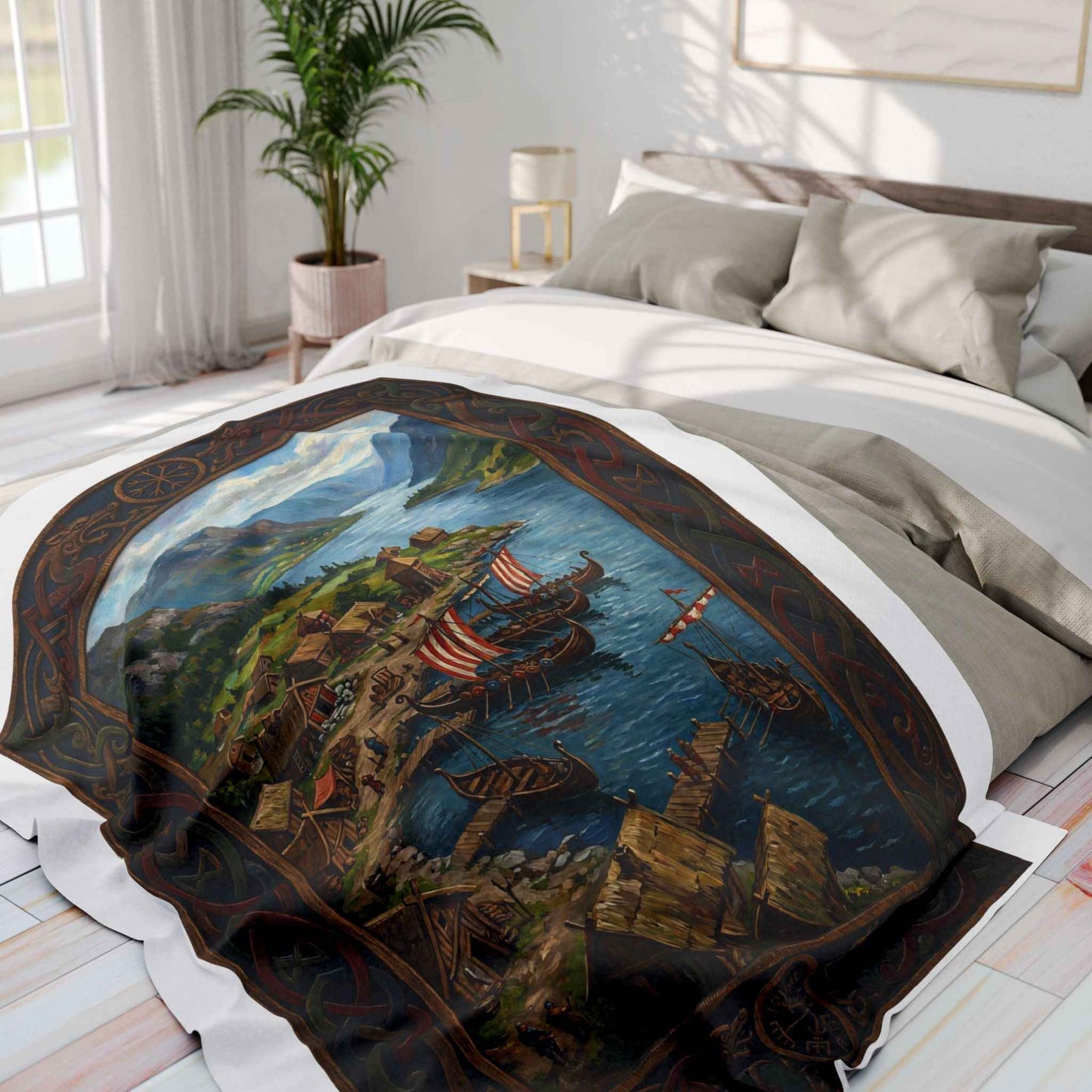 Viking Longship Village Scene Fleece Blanket - Velvet Ink Market (V.I.M)