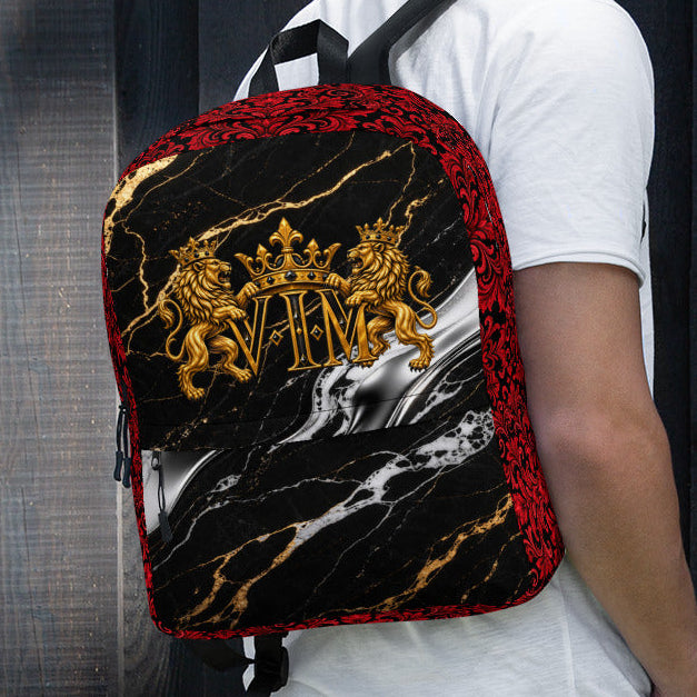 A man wearing a white t-shirt and sunglasses, shown from the back and side, carrying a black and red backpack with a gold crest design. The background consists of dark vertical wooden planks.