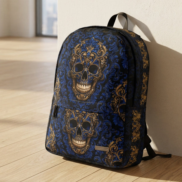 Blue & Gold Ornate Skull Backpack