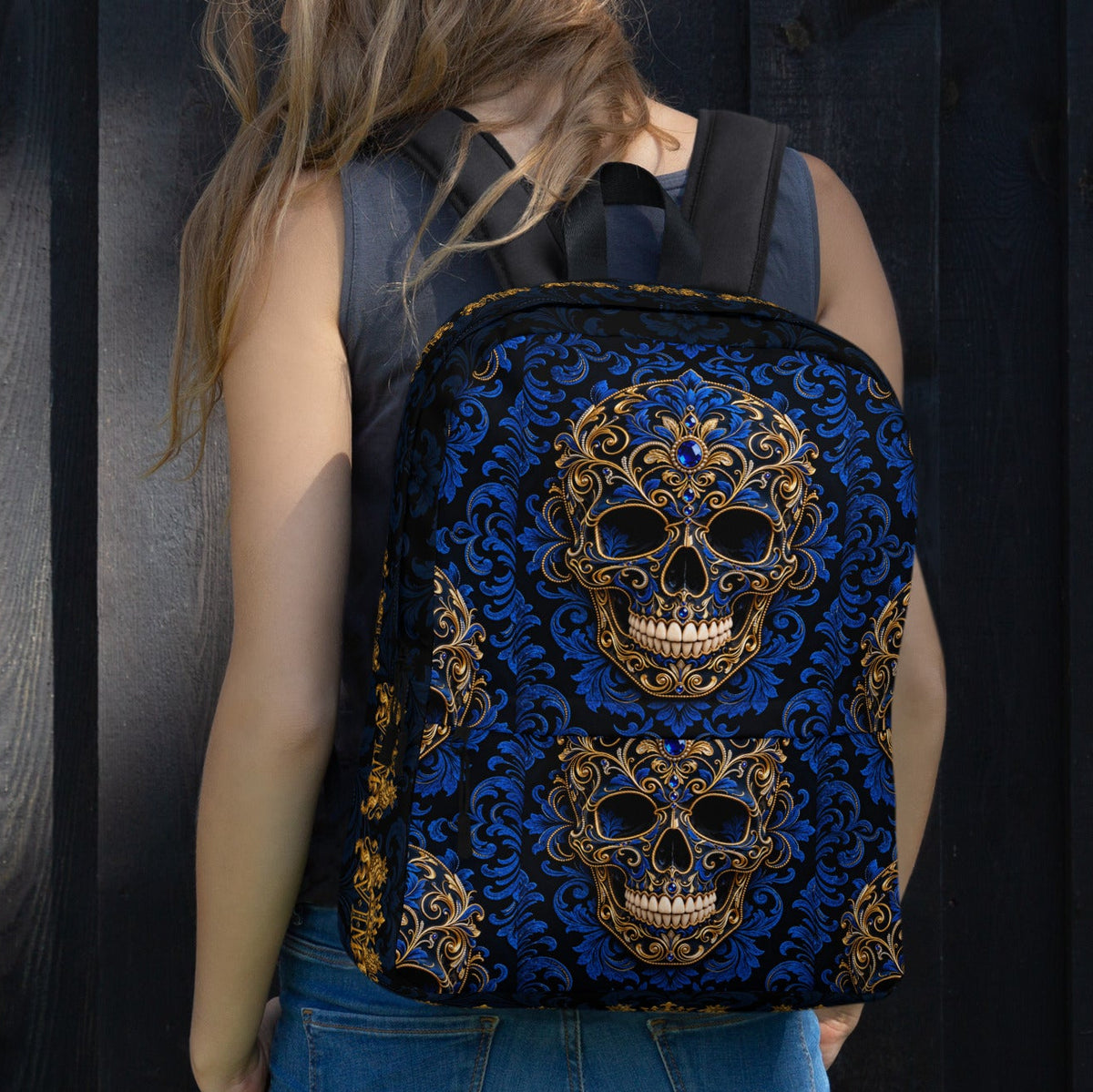 Blue & Gold Ornate Skull Backpack