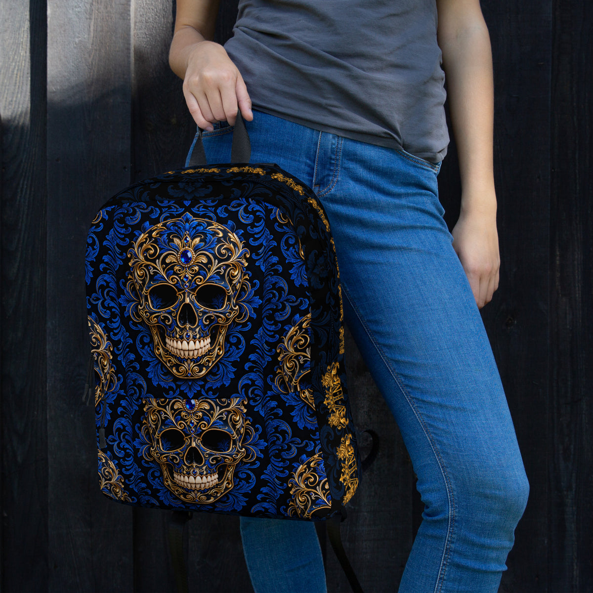 Blue & Gold Ornate Skull Backpack