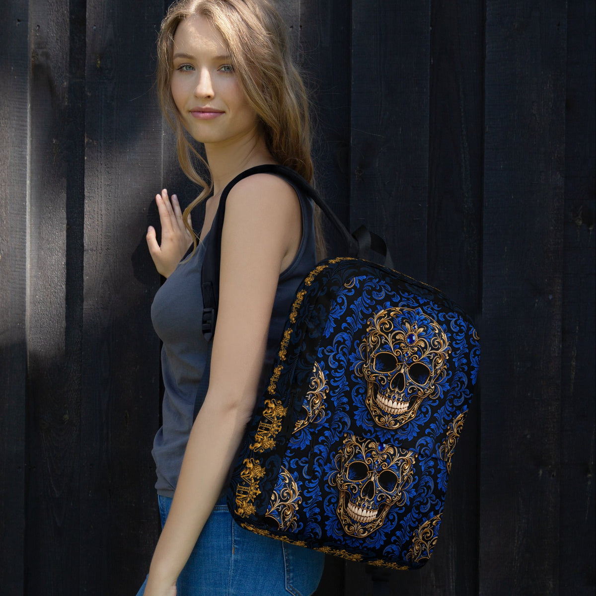 Blue & Gold Ornate Skull Backpack