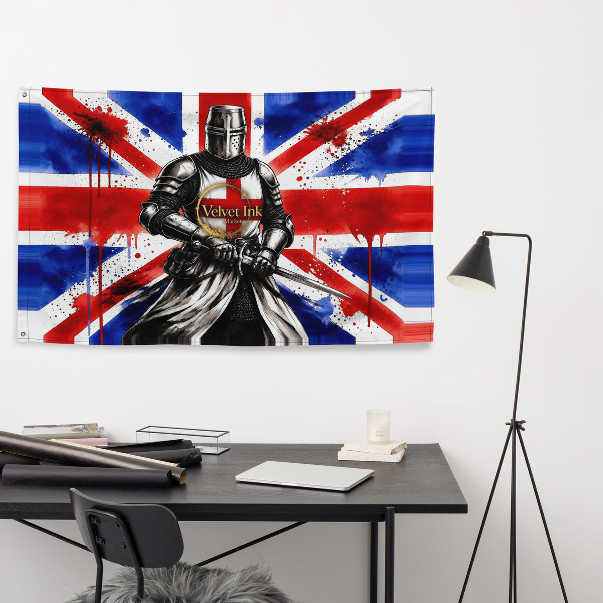 Union Jack Templar-inspired knight flag displayed above a desk beside a black floor lamp.