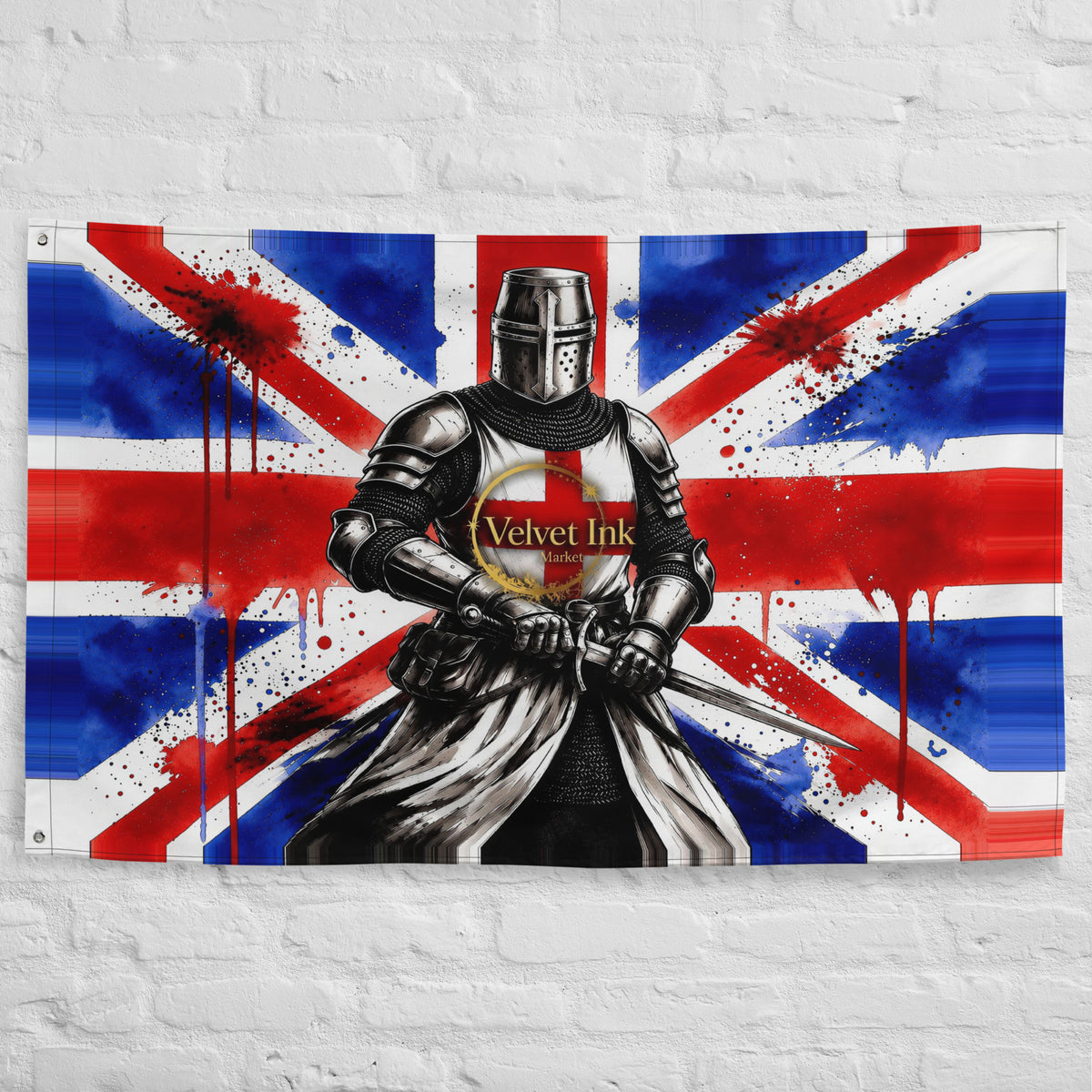 Red, white and blue Union Jack flag with a Templar-inspired knight, mounted on a white brick wall.