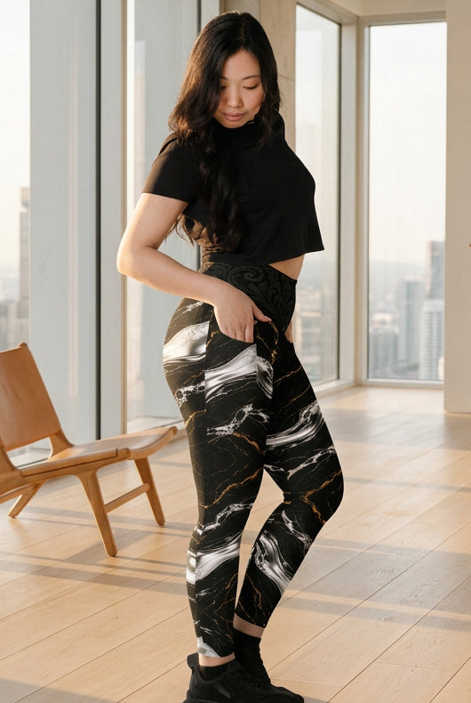 V.I.M Obsidian Marble Gold Pocket Leggings – right-side view of black marble and gold-tone print