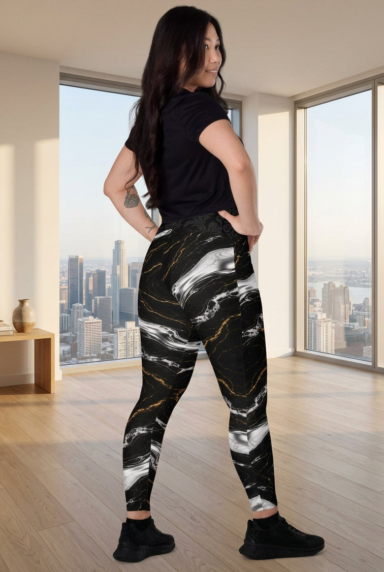V.I.M Obsidian Marble Gold Pocket Leggings – rear and right-side product view