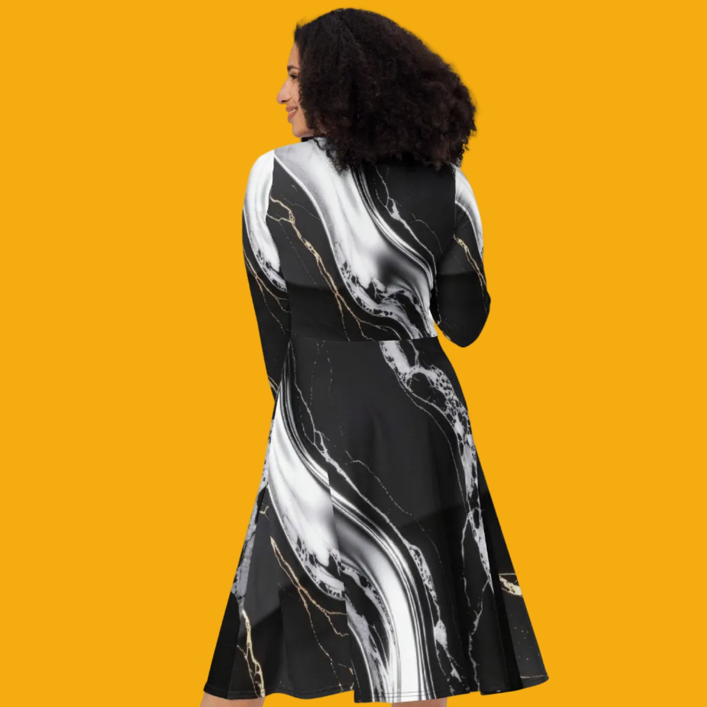 V.I.M Obsidian Shadow and Gold All-Over Print Long Sleeve Midi Dress - Velvet Ink Market (V.I.M)