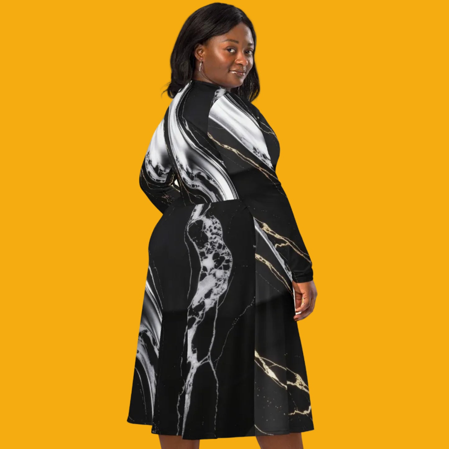 V.I.M Obsidian Shadow and Gold All-Over Print Long Sleeve Midi Dress - Velvet Ink Market (V.I.M)