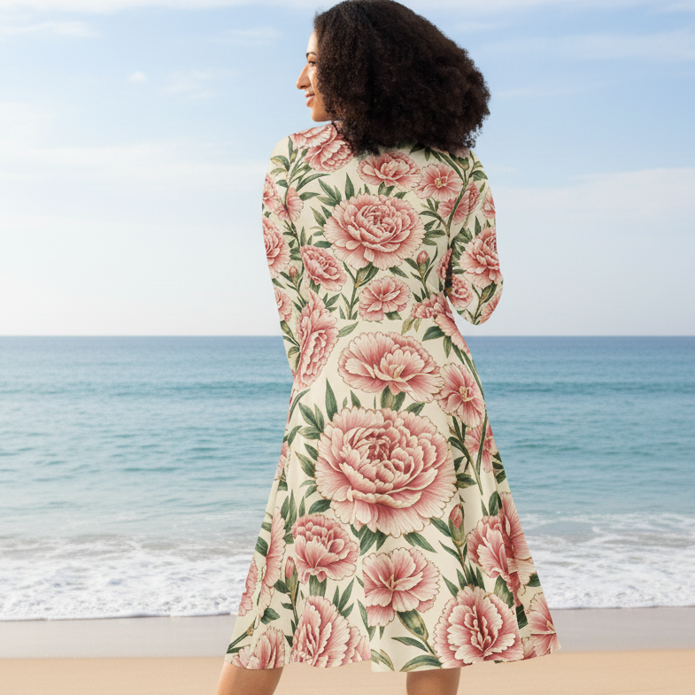 V.I.M Bold Floral Design All-Over Print Long Sleeve Midi Dress - Velvet Ink Market (V.I.M)