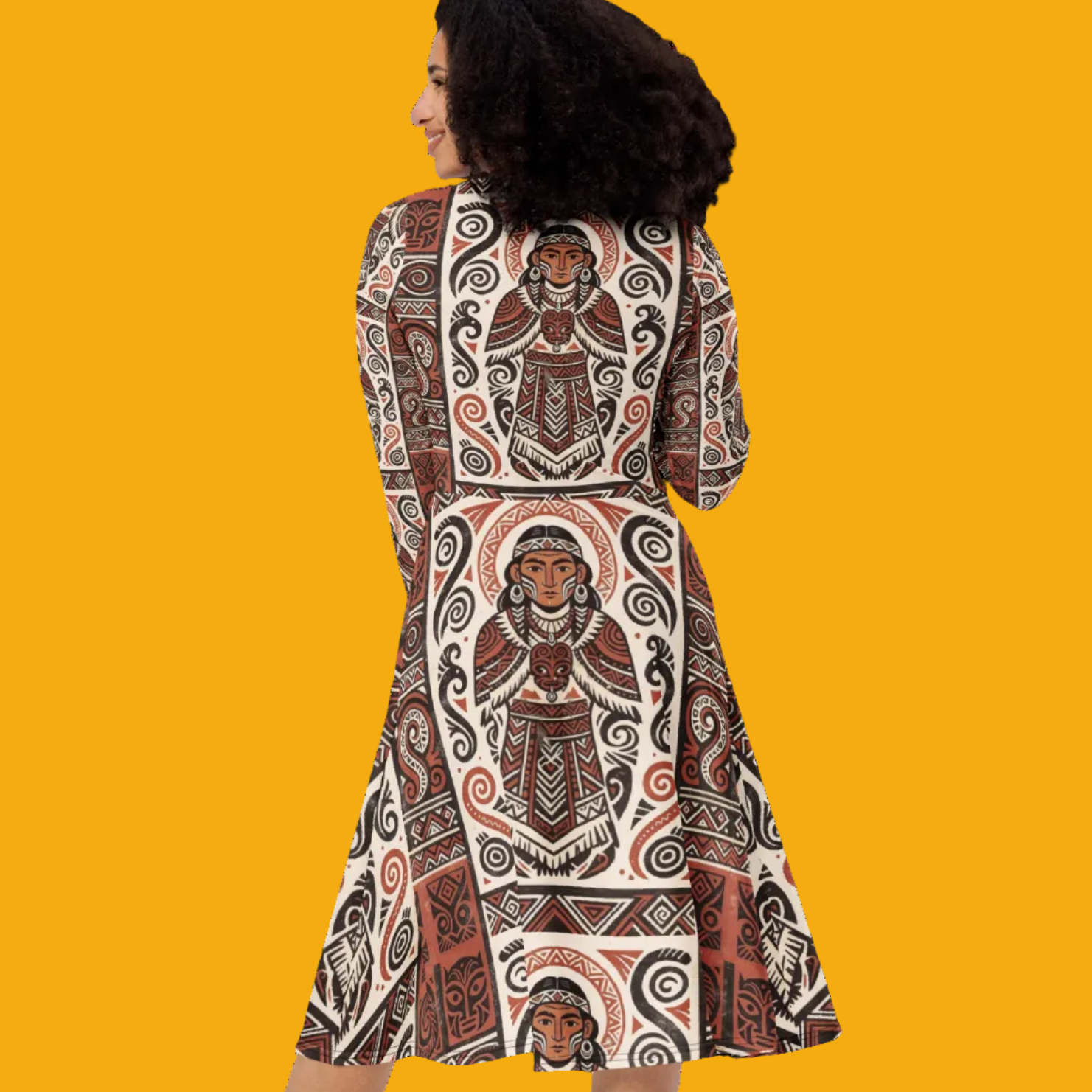 V.I.M Mauri Tribal All-Over Print Long Sleeve Midi Dress - Velvet Ink Market (V.I.M)